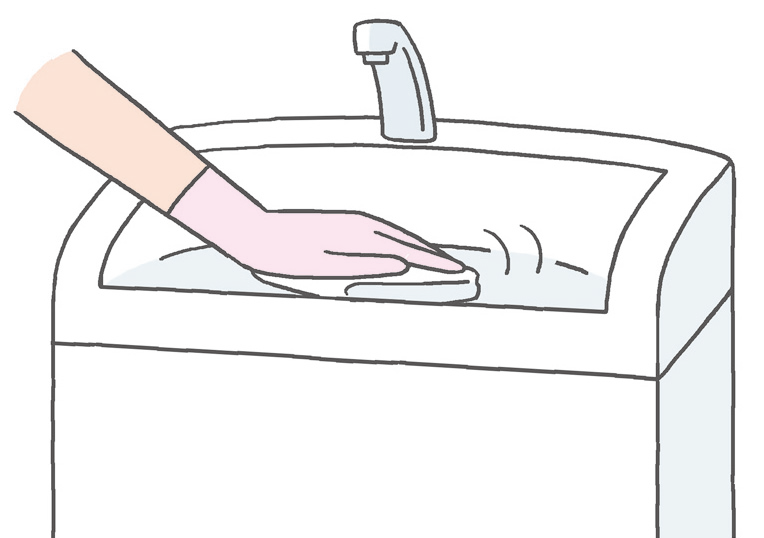 【手洗器】　タンク手洗器の水あかは、雑巾+洗剤で拭き取る